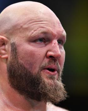Ben Rothwell reacts after defeating Chris Barnett in their heavyweight bout during the UFC Fight Night event at UFC APEX on May 22, 2021 in Las Vegas, Nevada. (Photo by Chris Unger/Zuffa LLC)
