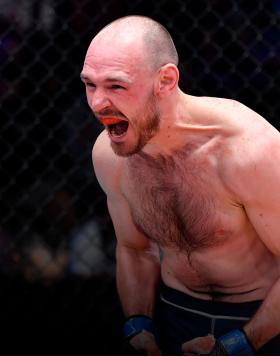 Viacheslav Borshchev reacts after his knockout victory over Chris Duncan in a lightweight fight during Dana White's Contender Series season five, week seven at UFC APEX on October 12, 2021 in Las Vegas, Nevada. (Photo by Chris Unger/Zuffa LLC)