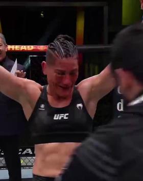 Priscila Cachoeira talks with Michael Bisping after her win at UFC Fight Night: Makhachev vs Green