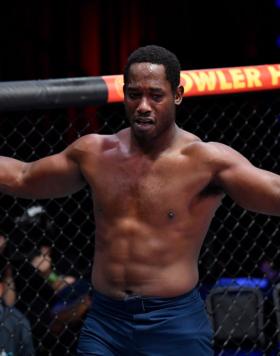 AJ Dobson reacts after defeating Hashem Arkhagha of Jordan in a middleweight bout during Dana White's Contender Series season five week four at UFC APEX on September 21, 2021 in Las Vegas, Nevada. (Photo by Chris Unger/Zuffa LLC)