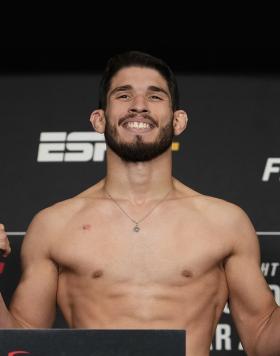 Bruno Souza of Brazil poses on the scale during the UFC Fight Night official weigh-in at the Renaissance Hotel on March 25, 2022 in Columbus, Ohio. (Photo by Mike Roach/Zuffa LLC)