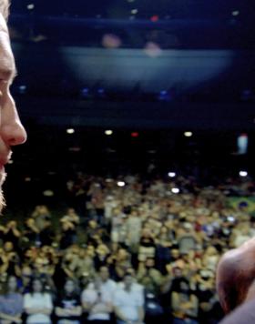 Justin Gaethje and Charles Oliveira faceoff at the UFC 274 ceremonial weigh-ins.