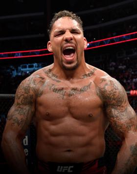 GLENDALE, ARIZONA - JUNE 12: Eryk Anders reacts after his victory over Darren Stewart of England in their light heavyweight fight during the UFC 263 event at Gila River Arena on June 12, 2021 in Glendale, Arizona. (Photo by Jeff Bottari/Zuffa LLC)