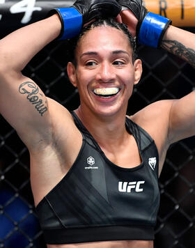 Taila Santos of Brazil reacts after her victory over Joanne Wood of Scotland in a flyweight fight during the UFC Fight Night event at UFC APEX on November 20, 2021 in Las Vegas, Nevada. (Photo by Chris Unger/Zuffa LLC)