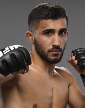 Saidyokub Kakhramonov of Uzbekistan poses for a portrait after his victory during the UFC Fight Night event at UFC APEX on August 21, 2021 in Las Vegas, Nevada. (Photo by Mike Roach/Zuffa LLC)