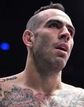  Yohan Lainesse reacts after his knockout victory over Justin Burlinson in a welterweight fight during Dana White's Contender Series season 5, week 10 at UFC APEX on November 02, 2021 in Las Vegas, Nevada. (Photo by Chris Unger/Zuffa LLC)