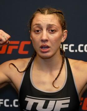 TUF Season 30 Flyweight Champion Juliana Miller Reacts With UFC.com After Her TKO Victory Over Brogan Walker At UFC Fight Night: Santos vs Hill on August 6, 2022
