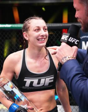 Juliana Miller reacts after her victory over Brogan Walker in a flyweight fight during the UFC Fight Night event at UFC APEX on August 06, 2022 in Las Vegas, Nevada. (Photo by Chris Unger/Zuffa LLC)