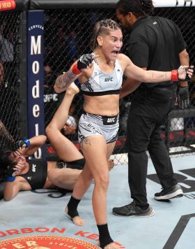 Priscila Cachoeira reacts to her TKO victory over Ariane Lipski at UFC Fight Night: Vera vs Cruz
