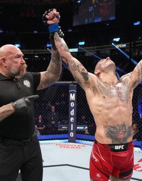 Yohan Lainesse of Canada reacts after his victory over Darian Weeks in a welterweight fight during the UFC 279 event at T-Mobile Arena on September 10, 2022 in Las Vegas, Nevada. (Photo by Jeff Bottari/Zuffa LLC)
