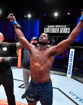 AJ Dobson reacts after defeating Hashem Arkhagha of Jordan in a middleweight bout during Dana White's Contender Series season five week four at UFC APEX on September 21, 2021 in Las Vegas, Nevada. (Photo by Chris Unger/Zuffa LLC)