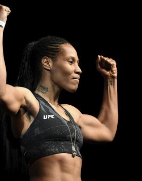 Zarah Fairn of France poses on the scale during the UFC Fight Night ceremonial weigh-in at Chartway Arena on February 28, 2020 in Norfolk, Virginia. (Photo by Mike Roach/Zuffa LLC)