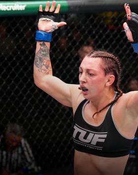 Juliana Miller reacts after her TKO victory over Brogan Walker in a flyweight fight during the UFC Fight Night event at UFC APEX on August 06, 2022 in Las Vegas, Nevada. (Photo by Chris Unger/Zuffa LLC)
