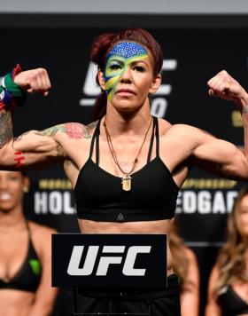 Cris Cyborg of Brazil poses on the scale during the UFC 240 weigh-in at Rogers Place on July 26, 2019 in Edmonton, Alberta, Canada. (Photo by Jeff Bottari/Zuffa Getty Images)
