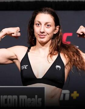 Juliana Miller poses on the scale during the UFC Fight Night weigh-in at UFC APEX on August 11, 2023 in Las Vegas, Nevada. (Photo by Jeff Bottari/Zuffa LLC)