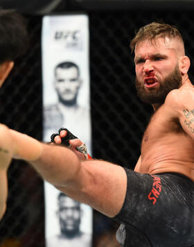 Jeremy Stephens kicks Dooho Choi of South Korea in their featherweight bout during the UFC Fight Night event inside the Scottrade Center on January 14, 2018 in St. Louis, Missouri. (Photo by Josh Hedges/Zuffa LLC/Zuffa LLC)
