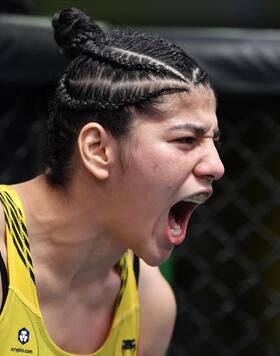 Ketlen Vieira of Brazil prepares to fight Miesha Tate in a bantamweight fight during the UFC Fight Night event at UFC APEX on November 20, 2021 in Las Vegas, Nevada. (Photo by Chris Unger/Zuffa LLC)