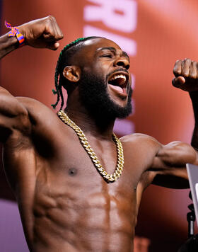 Aljamain Sterling poses on the scale during the UFC 300 ceremonial weigh-in at MGM Grand Garden Arena on April 12, 2024 in Las Vegas, Nevada. (Photo by Mike Roach/Zuffa LLC)