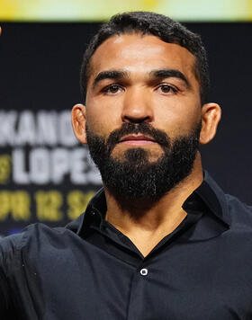 Patricio Pitbull is seen on stage during the UFC 314 press conference at Michelob ULTRA Arena on March 07, 2025 in Las Vegas, Nevada. (Photo by Jeff Bottari/Zuffa LLC)
