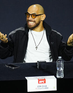 Jean Silva of Brazil interacts during the UFC 314 press conference at Kaseya Center on April 10, 2025 in Miami, Florida. (Photo by Jeff Bottari/Zuffa LLC)