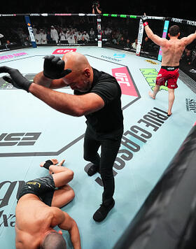 Muslim Salikhov of Russia reacts after a knockout victory against Carlos Leal of Brazil in a welterweight fight during the UFC Fight Night event at Etihad Arena on July 26, 2025 in Abu Dhabi, United Arab Emirates. (Photo by Chris Unger/Zuffa LLC)