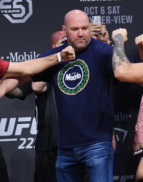 LAS VEGAS, NV - OCTOBER 05:  (L-R) Opponents Khabib Nurmagomedov of Russia and Conor McGregor of Ireland face off during the UFC 229 weigh-in inside T-Mobile Arena on October 5, 2018 in Las Vegas, Nevada. (Photo by Josh Hedges/Zuffa LLC/Zuffa LLC via Gett