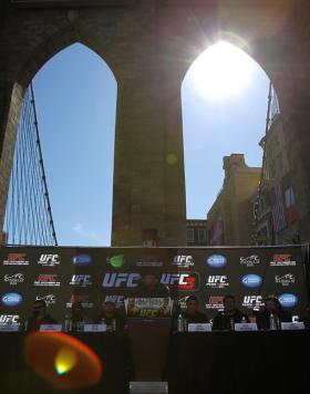 Dias at UFC 137 Press Conference (L-R) Mirko Cro Cop, Cheick Kongo, BJ Penn, UFC President Dana White, Nick Diaz, Matt Mitrione and Roy Nelson