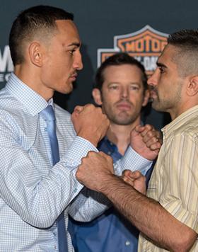 INGLEWOOD, CA - JUNE 02:   (L-R) Max Holloway and Ricardo Lamas face off during the UFC 199: Ultimate Media Day at the Forum on June 2, 2016 in Inglewood, California. (Photo by Brandon Magnus/Zuffa LLC/Zuffa LLC via Getty Images)