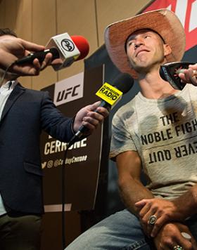 AUGUST 18: Donald Cerrone speaks to the media during the UFC 202 Ultimate Media Day at the Red Rock Casino Resort on August 18, 2016 in Las Vegas, Nevada. (Photo by Brandon Magnus/Zuffa LLC/Zuffa LLC via Getty Images)
