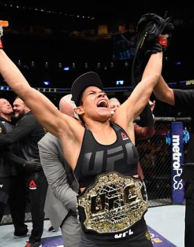 LAS VEGAS, NV - DECEMBER 30:  Amanda Nunes of Brazil reacts to her victory over Ronda Rousey in their UFC women's bantamweight championship bout during the UFC 207 event at T-Mobile Arena on December 30, 2016 in Las Vegas, Nevada.  (Photo by Josh Hedges/Z