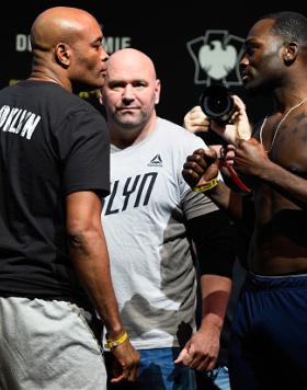BROOKLYN, NEW YORK - FEBRUARY 10:  (L-R) Anderson Silva of Brazil and Derek Brunson face off during the UFC 208 weigh-in inside Kings Theater on February 10, 2017 in Brooklyn, New York. (Photo by Jeff Bottari/Zuffa LLC/Zuffa LLC via Getty Images)