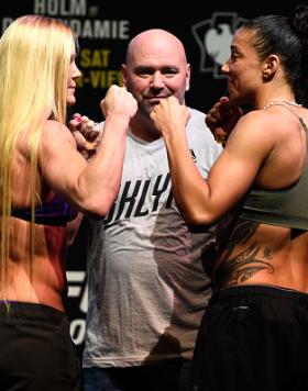 BROOKLYN, NEW YORK - FEBRUARY 10:  (L-R) Holly Holm and Germaine de Randamie of The Netherlands face off during the UFC 208 weigh-in inside Kings Theater on February 10, 2017 in Brooklyn, New York. (Photo by Jeff Bottari/Zuffa LLC/Zuffa LLC via Getty Imag