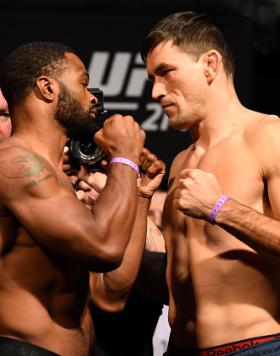 ANAHEIM, CA - JULY 28:   (L-R) Tyron Woodley and Demian Maia of Brazil face off during the UFC 214 weigh-in inside the Honda Center on July 28, 2017 in Anaheim, California. (Photo by Josh Hedges/Zuffa LLC/Zuffa LLC via Getty Images)