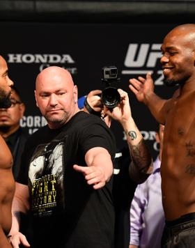 ANAHEIM, CA - JULY 28:   (L-R) Daniel Cormier and Jon Jones face off during the UFC 214 weigh-in inside the Honda Center on July 28, 2017 in Anaheim, California. (Photo by Josh Hedges/Zuffa LLC/Zuffa LLC via Getty Images)