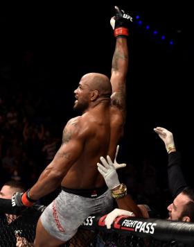 PERTH, AUSTRALIA - FEBRUARY 11:  Yoel Romero of Cuba celebrates his knockout victory over Luke Rockhold in their interim middleweight title bout during the UFC 221 event at Perth Arena on February 11, 2018 in Perth, Australia. (Photo by Jeff Bottari/Zuffa