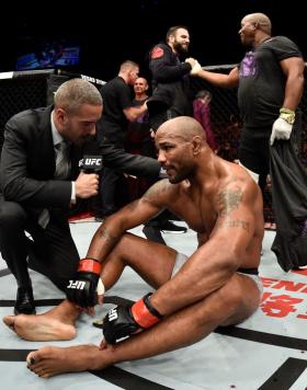 PERTH, AUSTRALIA - FEBRUARY 11:  Yoel Romero of Cuba celebrates his knockout victory over Luke Rockhold in their interim middleweight title bout during the UFC 221 event at Perth Arena on February 11, 2018 in Perth, Australia. (Photo by Jeff Bottari/Zuffa