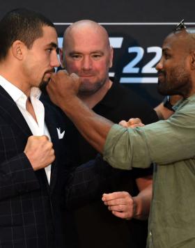 CHICAGO, ILLINOIS - JUNE 07:   (L-R) Opponents Robert Whittaker of New Zealand and Yoel Romero of Cuba face off during the UFC 225 Ultimate Media Day at the United Center on June 7, 2018 in Chicago, Illinois. (Photo by Josh Hedges/Zuffa LLC/Zuffa LLC via 