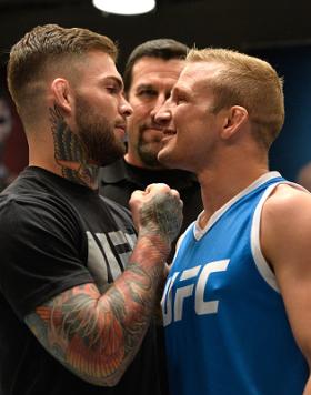 LAS VEGAS, NV - MARCH 01:  (L-R) UFC bantamweight champion Cody Garbrandt and TJ Dillashaw face off during the filming of The Ultimate Fighter: Redemption at the UFC TUF Gym on March1, 2017 in Las Vegas, Nevada. (Photo by Brandon Magnus/Zuffa LLC/Zuffa LL