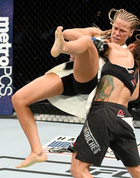 NEW YORK, NY - NOVEMBER 12:  Liz Carmouche of the United States (right) fights against Katlyn Chookagian of the United States in their women's bantamweight bout during the UFC 205 event at Madison Square Garden on November 12, 2016 in New York City.  (Pho