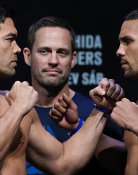 BELEM, BRAZIL - FEBRUARY 02: Opponents Lyoto Machida (L) of Brazil and Eryk Anders of the United States face off during the UFC Fight Night weigh-in at Mangueirinho Arena on February 02, 2018 in Belem, Brazil. (Photo by Buda Mendes/Zuffa LLC/Zuffa LLC via