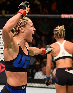 CHICAGO, IL - JULY 23: (L-R) Felice Herrig celebrates after defeating Kailin Curran by submission in their women's strawweight bout during the UFC Fight Night event at the United Center on July 23, 2016 in Chicago, Illinois. (Photo by Josh Hedges/Zuffa LL