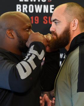 HALIFAX, NS - FEBRUARY 17:  (L-R) Opponents Derrick Lewis and Travis Browne face off during the UFC Ultimate Media Day at the Halifax Marriott Harbourfront on February 17, 2017 in Halifax, Nova Scotia, Canada. (Photo by Josh Hedges/Zuffa LLC/Zuffa LLC via