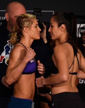 HOUSTON, TEXAS - FEBRUARY 03:  (L-R) Opponents Felice Herrig and Alexa Grasso of Mexico face off during the UFC Fight Night weigh-in at the Sheraton North Houston at George Bush Intercontinental on February 3, 2017 in Houston, Texas. (Photo by Jeff Bottar
