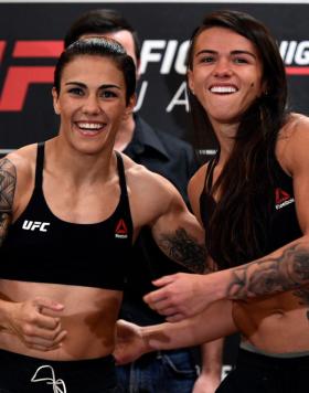 TOKYO, JAPAN - SEPTEMBER 21:  (R-L) Opponents Claudia Gadelha of Brazil and Jessica Andrade of Brazil face off during the UFC Fight Night Weigh-in at the Hilton Tokyo on September 21, 2017 in Tokyo, Japan. (Photo by Jeff Bottari/Zuffa LLC/Zuffa LLC via Ge