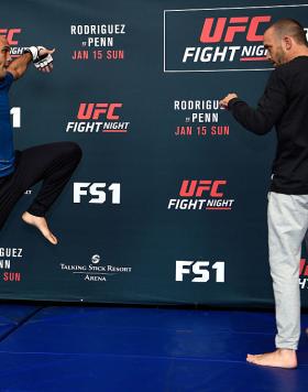 PHOENIX, ARIZONA - JANUARY 13:  BJ Penn (L) performs a workout session for media and fans during the UFC Fight Night open workouts at the Talking Stick Resort Arena on January 13, 2017 in Phoenix, Arizona. (Photo by Jeff Bottari/Zuffa LLC/Zuffa LLC via Ge