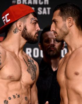PITTSBURGH, PA - SEPTEMBER 15:  (L-R) Mike Perry and Alex Reyes face off during the UFC Fight Night Weigh-in on September 15, 2017 in Pittsburgh, Pennsylvania. (Photo by Brandon Magnus/Zuffa LLC/Zuffa LLC via Getty Images)