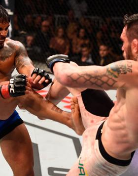 SALT LAKE CITY, UT - AUGUST 06:  (L-R) Dennis Bermudez exchanges kicks with Rony Jason of Brazil in their featherweight bout during the UFC Fight Night event at Vivint Smart Home Arena on August 6, 2016 in Salt Lake City, Utah. (Photo by Jeff Bottari/Zuff