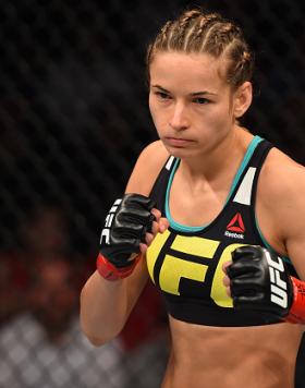 SASKATOON, SK - AUGUST 23:  Maryna Moroz of Ukraine stands in the Octagon between rounds of her women's strawweight bout against Valerie Letourneau during the UFC event at the SaskTel Centre on August 23, 2015 in Saskatoon, Saskatchewan, Canada. (Photo by