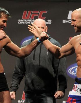 SAN JOSE, CA - NOVEMBER 18:  (L-R) Light Heavyweight opponents Stephan Bonnar and Kyle Kingsbury face off after weighing in during the UFC 139 Weigh In at the HP Pavilion on November 18, 2011 in San Jose, California.  (Photo by Josh Hedges/Zuffa LLC/Zuffa
