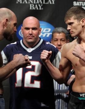 LAS VEGAS, NV - FEBRUARY 03:  (L-R) Opponents Dan Stittgen and Stephen Thompson face off after weighing in during the UFC 143 official weigh in at Mandalay Bay Events Center on February 3, 2012 in Las Vegas, Nevada.|2:55:8  (Photo by Josh Hedges/Zuffa LLC